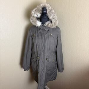 Laundry by Design Women's L Gray Cotton Blend Faux Fur Lined Hooded Parka Coat
